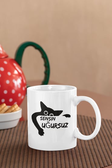 Sensin Uğursuz-Kara Kedi Baskılı Eğlenceli Komik Hediyelik Beyaz Kupa Bardak