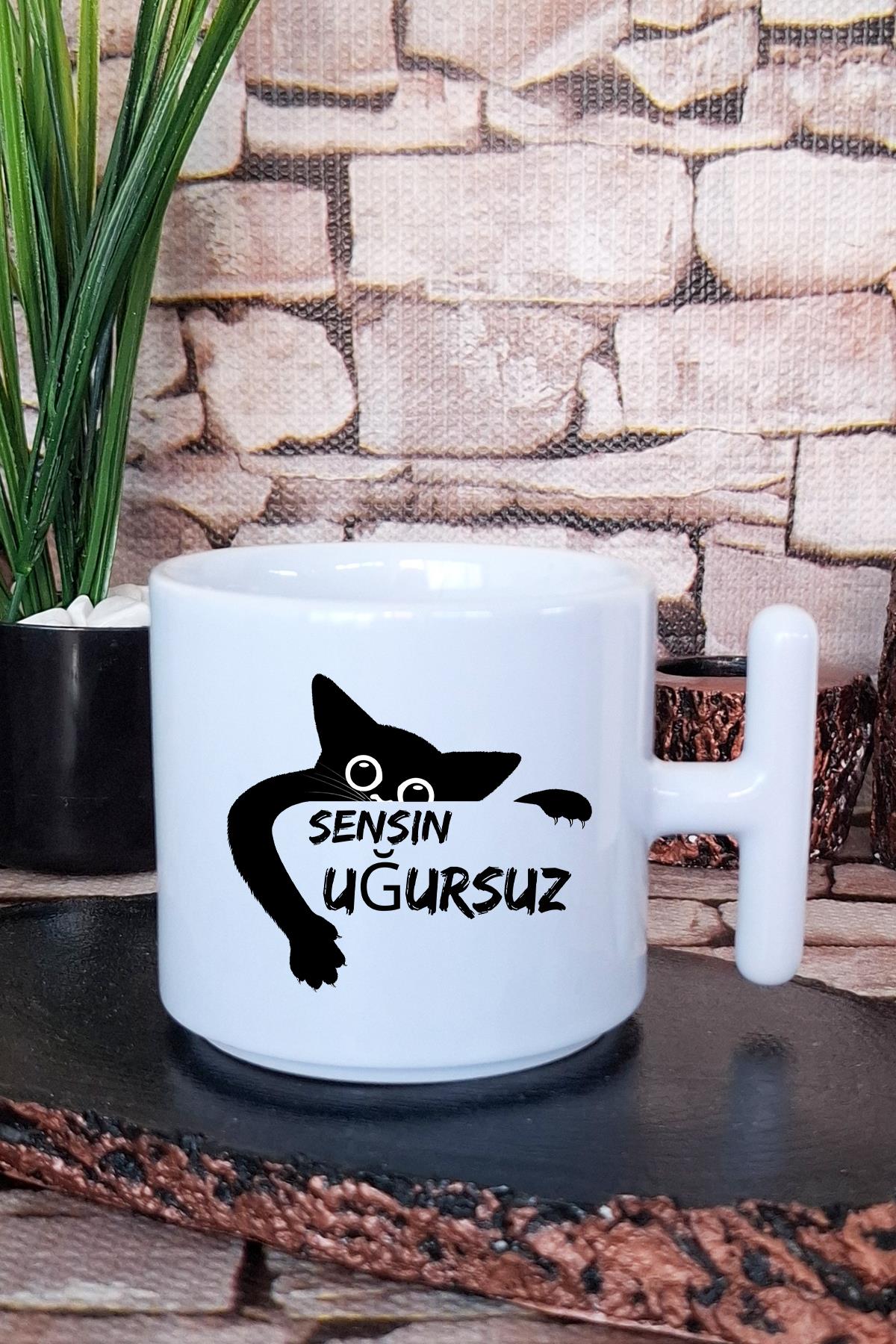 Sensin Uğursuz-Kara Kedi Baskılı Eğlenceli Komik Hediyelik T Kulplu Latte Fincanı Kupa Bardak