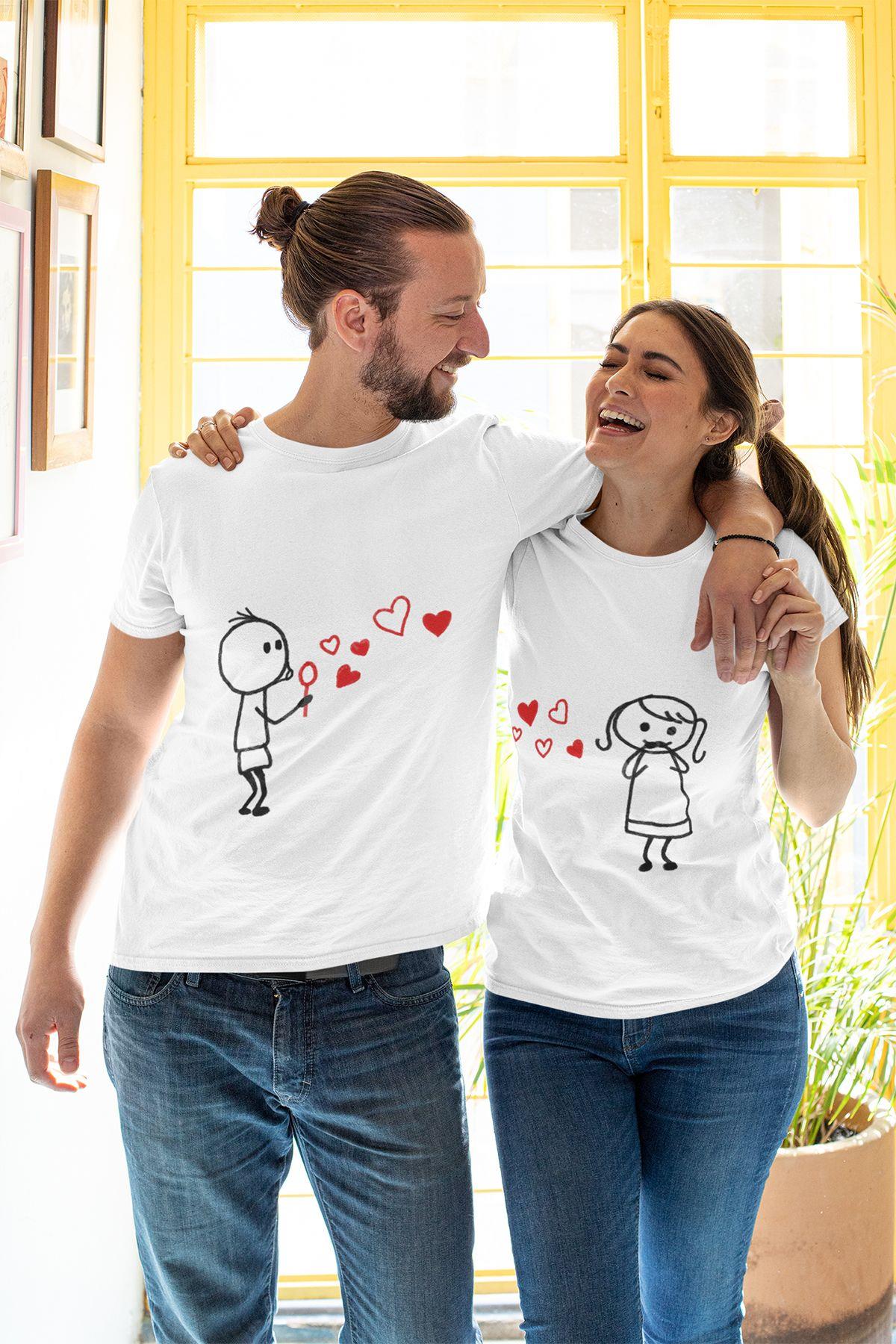 Sevgili Çift Kombini Özel Tasarım Baskılı İkili T Shirt Sevgililer Gününe Özel Hediye