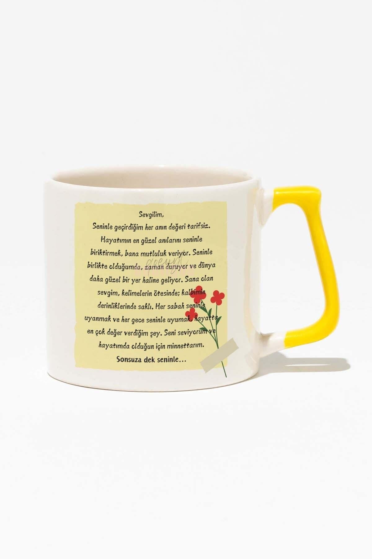 Sevgiliye,Eşe, Sevdiğine Mektup Romantik Hediyelik Baskılı Sarı Kulplu Modern Seramik Kupa