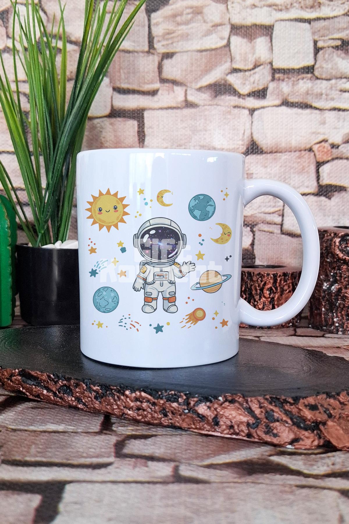 Sevimli Astronot Baskılı Uzay Macerası Galaksi Çocuk Tasarımı Hediye Baskılı Kupa Bardak