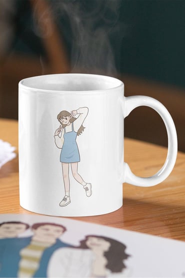 Sevimli Genç Kız Baskılı Beyaz Kupa Bardak