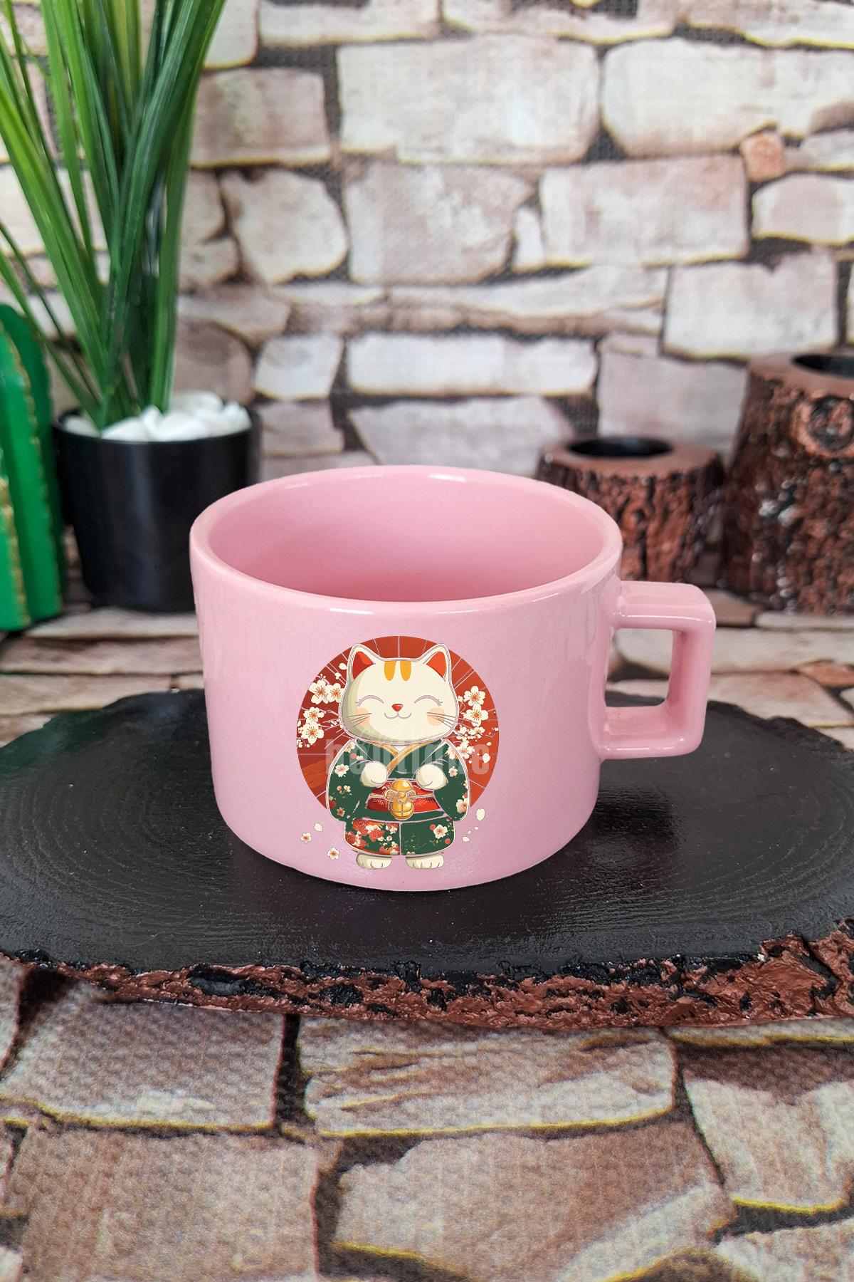 Sevimli Japon Kedi Baskılı Kawaii Anime Manga Figürü Kare Kulplu Fincan Mavi Kupa Bardak