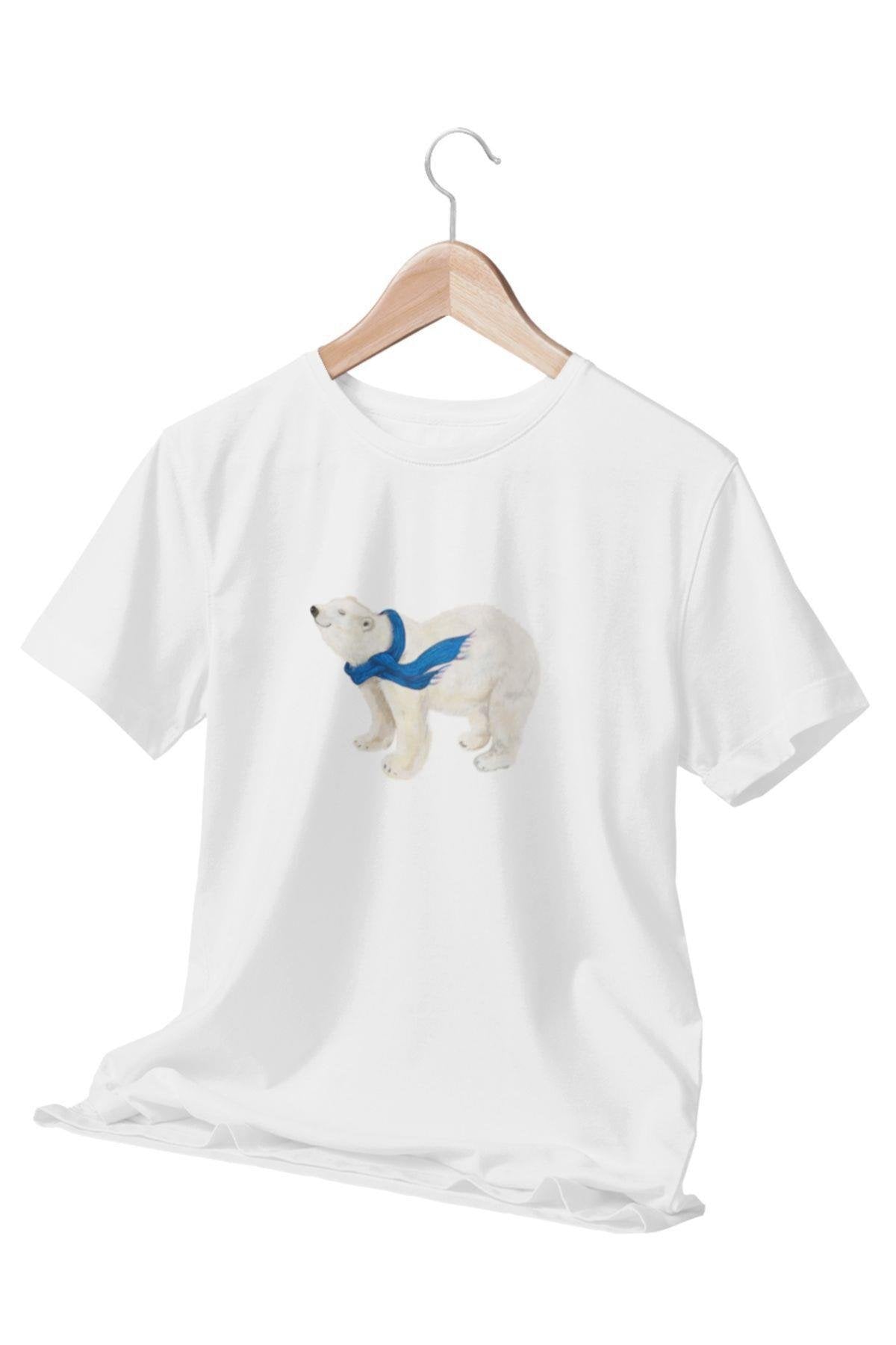 Sevimli Kutup Ayısı Baskılı Eğlenceli Beyaz Unisex T-Shirt