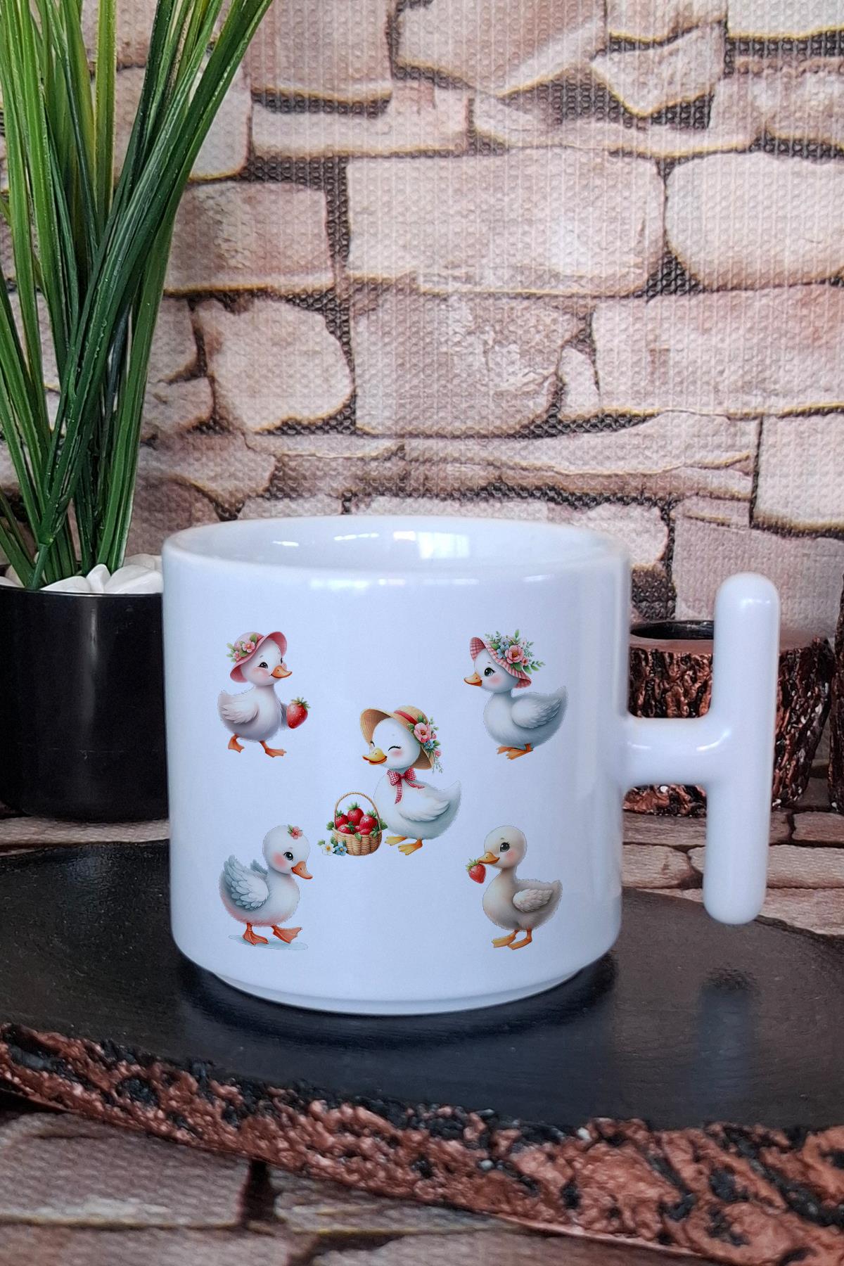 Sevimli Ördekler BaskılıT Kulplu Latte Fincanı Kupa Bardak