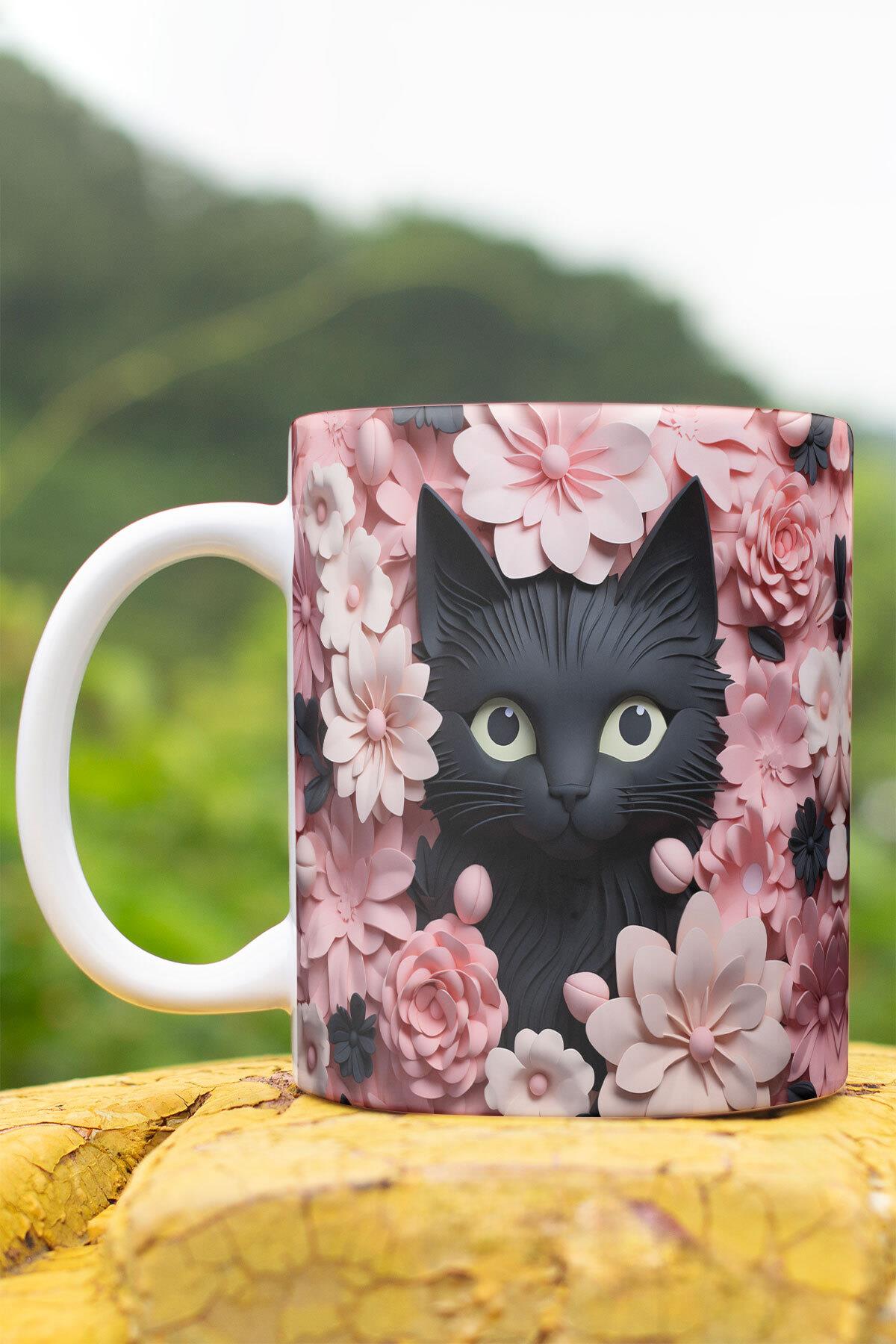 Sevimli Siyah Kedi 3D Tasarım Görünümlü Baskılı Kupa Bardak Mug