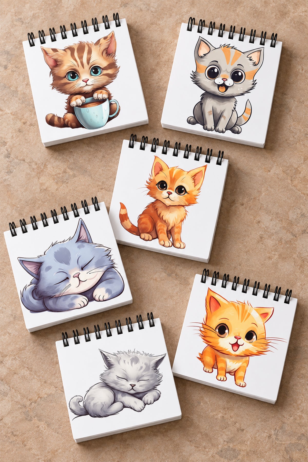 Kahve kupali ve uyuyan sevimli kedi illustrasyonlu mini spiral not defterleri