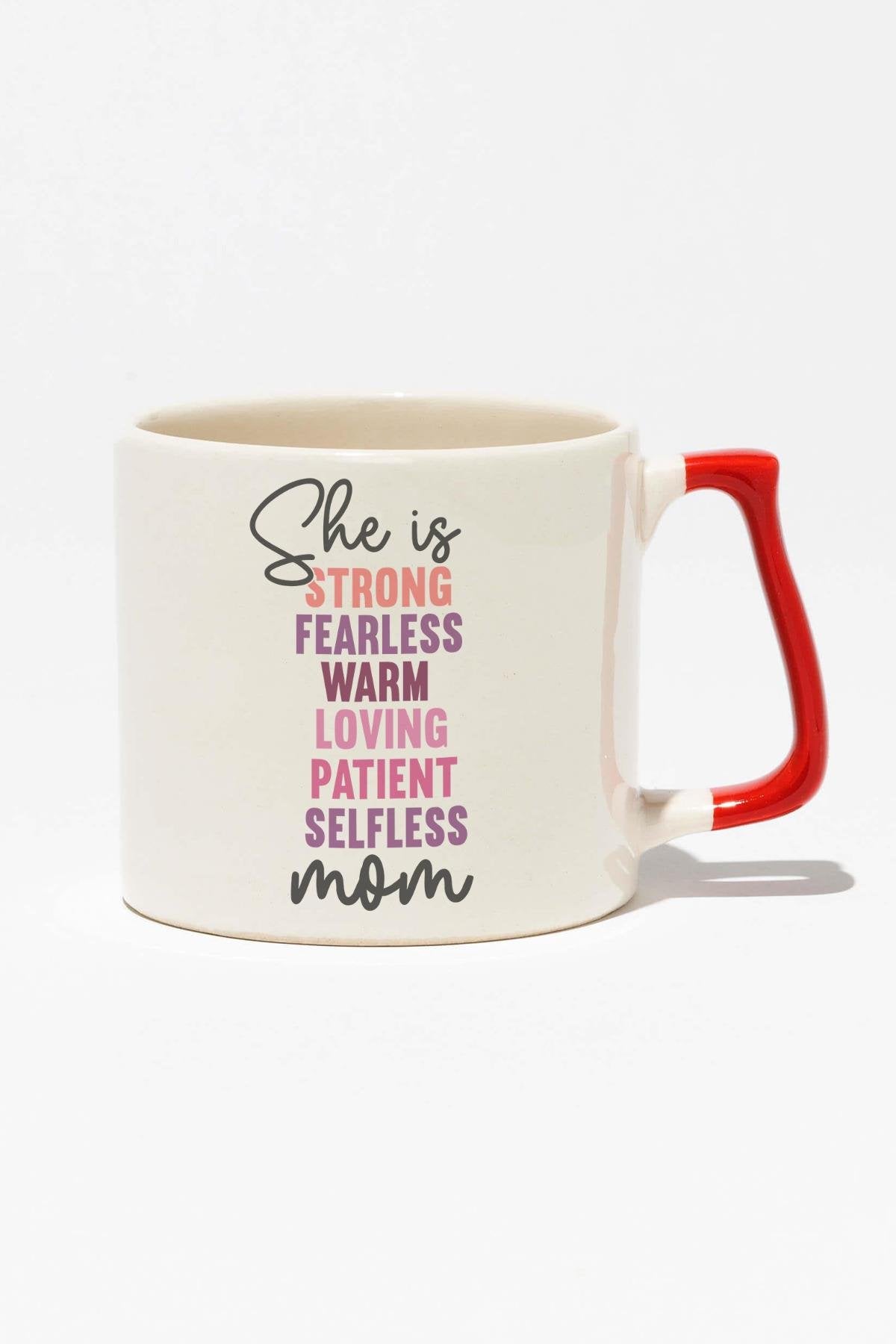 She Is Strong Fearless Mom No:2 Baskılı Anneler Günü Hediyelik Kırmızı Kulplu Modern Seramik Kupa