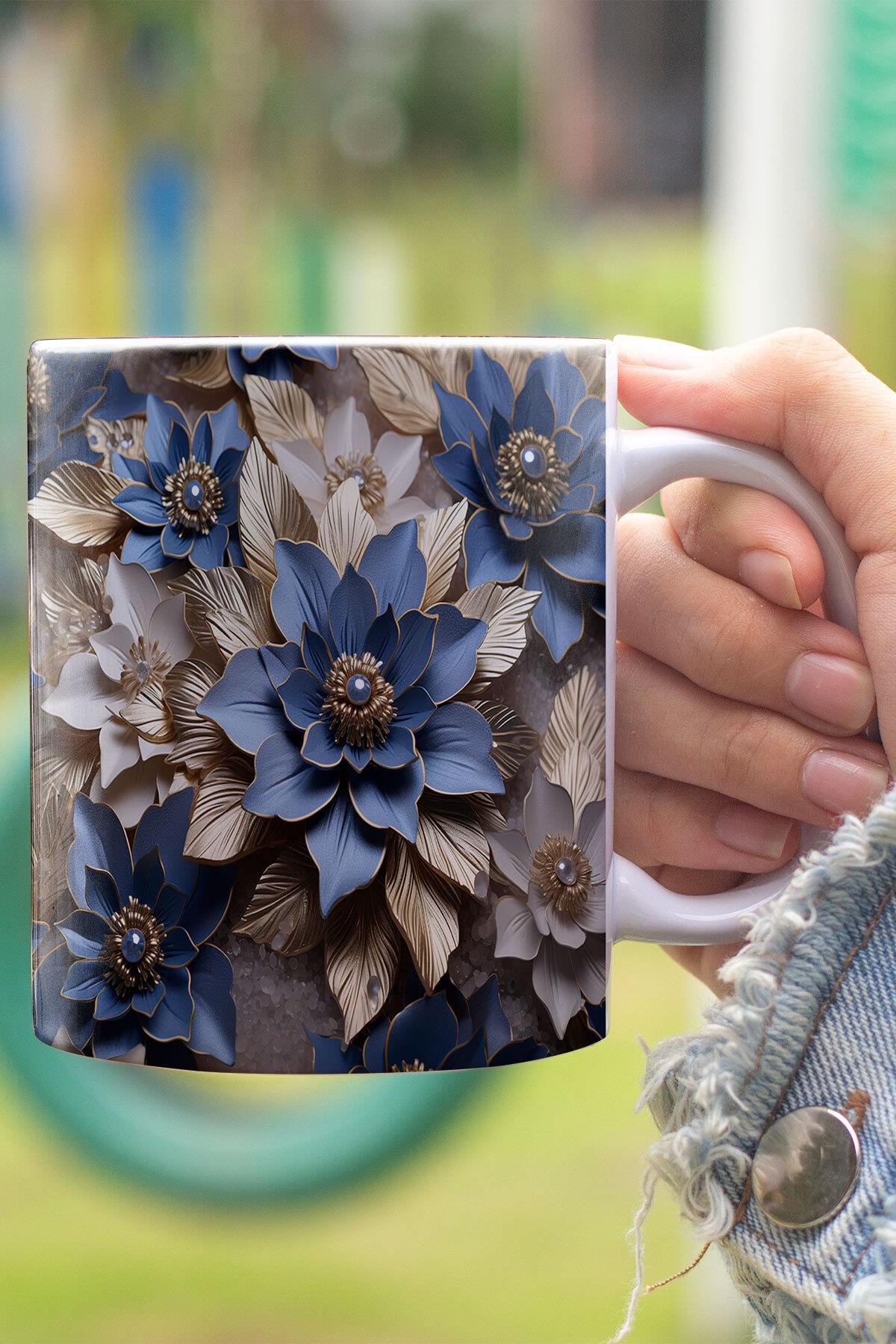 Silver Gold Mavi Çiçekler 3D Tasarım Görünümlü Baskılı Kupa Bardak Mug