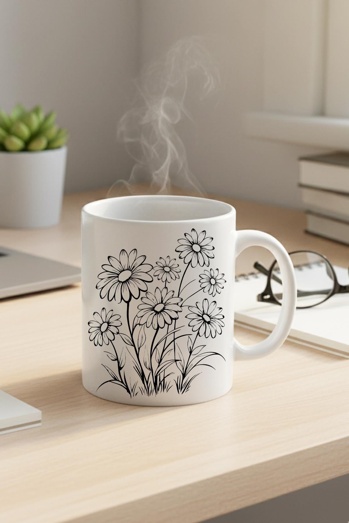 Siyah Çiçekler Baskılı Hediyelik Kupa Bardak