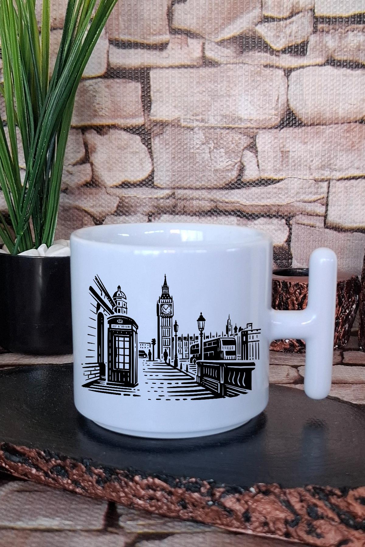 Siyah London City Baskılı T Kulplu Latte Fincanı Kupa Bardak