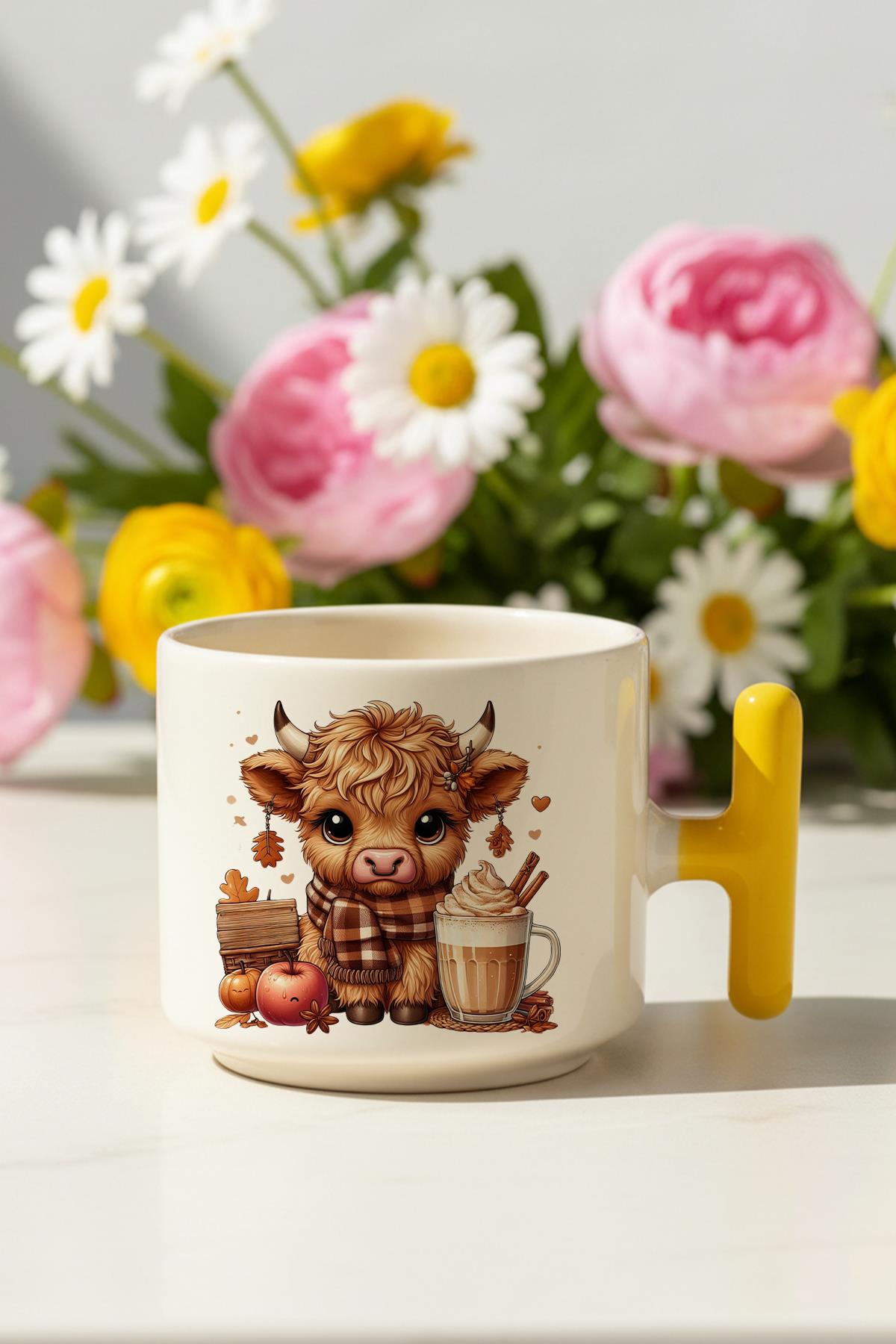 Sonabahar Teması Sevimli İnek Baskılı Hediyelik T Kulplu Latte Fincanı Kupa Bardak