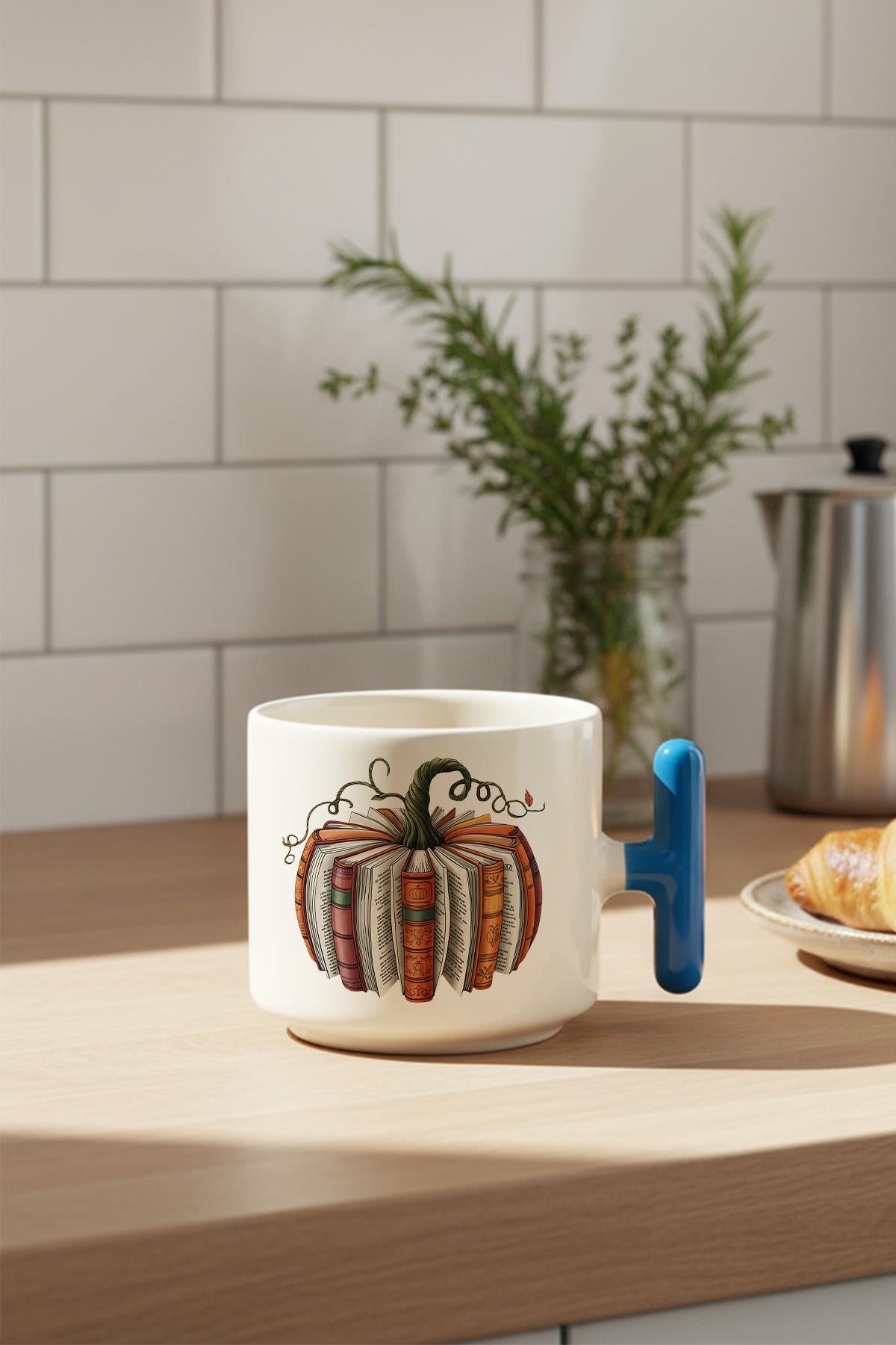Sonbahar Temalı Balkabağı Kitaplar Baskılı Hediyelik T Kulplu Latte Fincanı Kupa Bardak