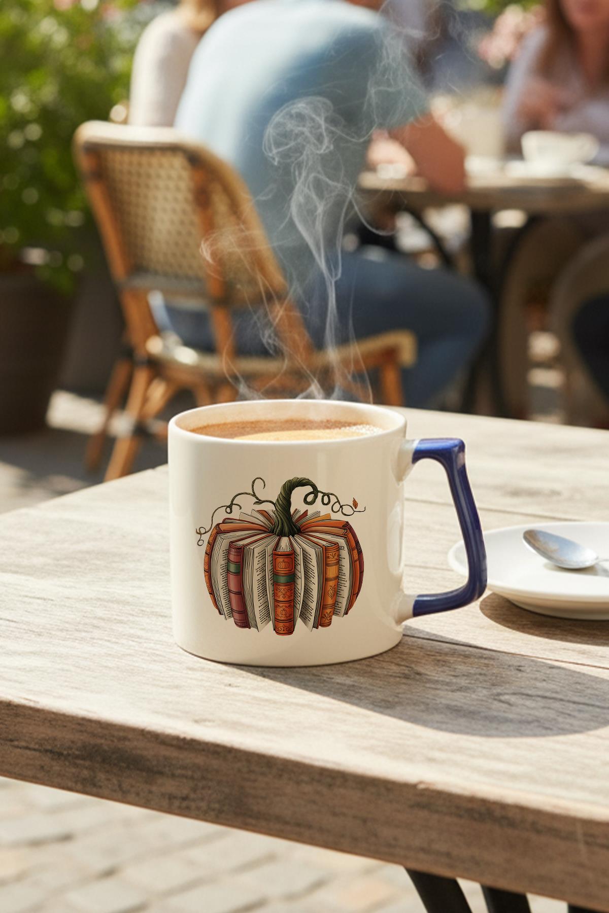 Sonbahar Temalı Balkabağı Kitaplar Baskılı Lacivert D Kulplu Kupa Bardak