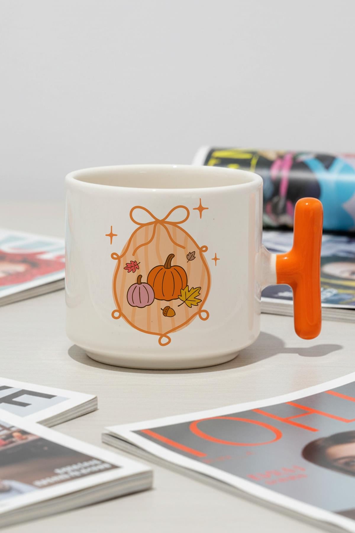 Sonbahar Temalı Balkabakları Baskılı Hediyelik T Kulplu Latte Fincanı Kupa Bardak