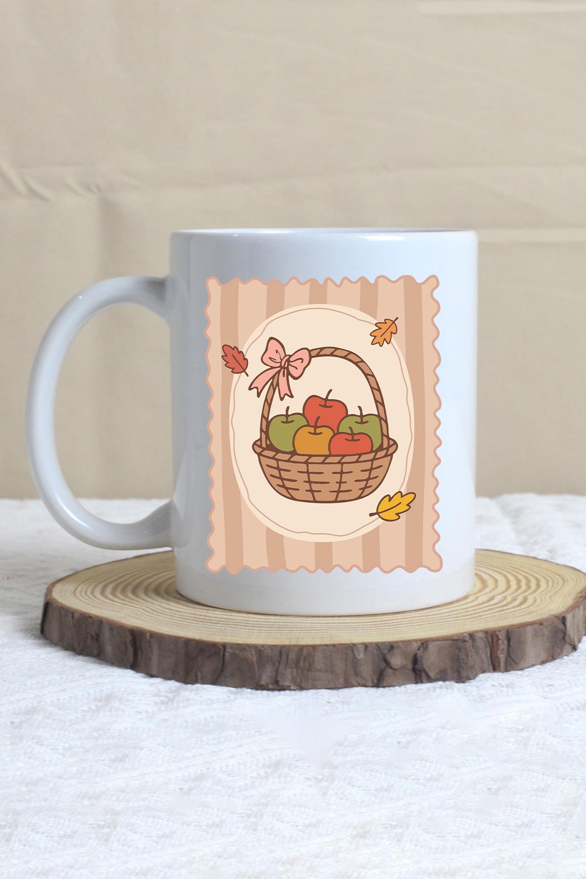 Sonbahar Temalı Elma Sepeti Baskılı Hediyelik Kupa Bardak