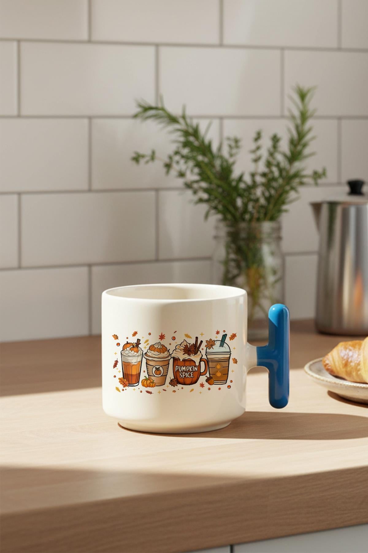 Sonbahar Temalı Kahveler No:1 Baskılı Hediyelik T Kulplu Latte Fincanı Kupa Bardak