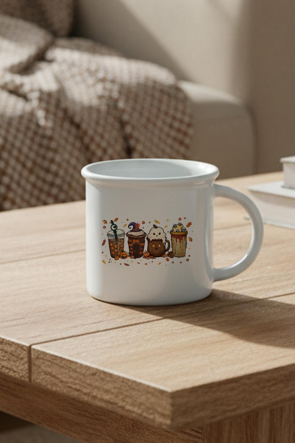 Sonbahar Temalı Kahveler No:3 Baskılı Enamel Görünümlü Seramik Vintage Kupa Bardak