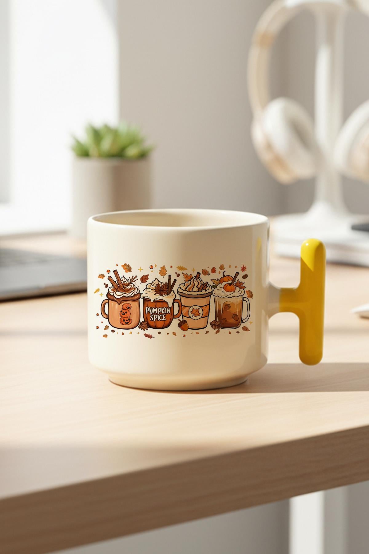 Sonbahar Temalı Kahveler No:5 Baskılı Hediyelik T Kulplu Latte Fincanı Kupa Bardak