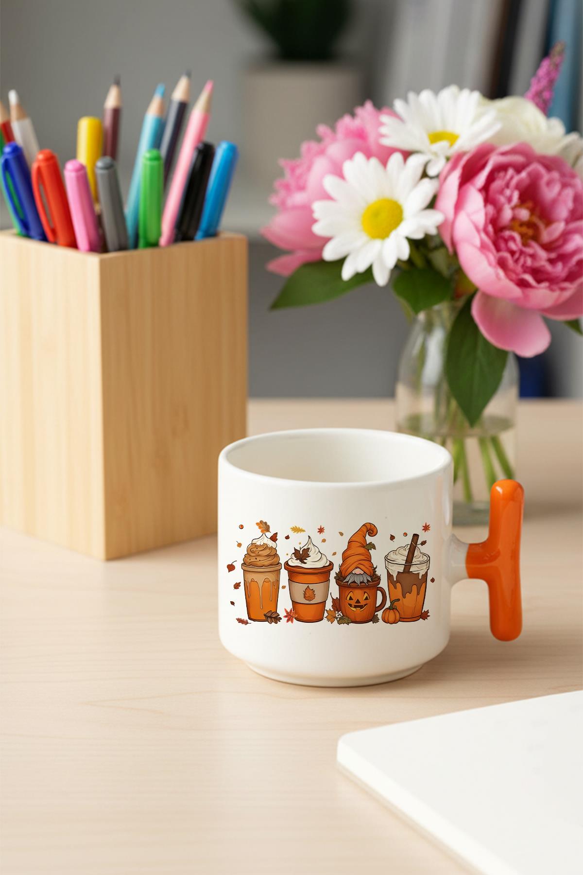 Sonbahar Temalı Kahveler No:6 Baskılı Hediyelik T Kulplu Latte Fincanı Kupa Bardak