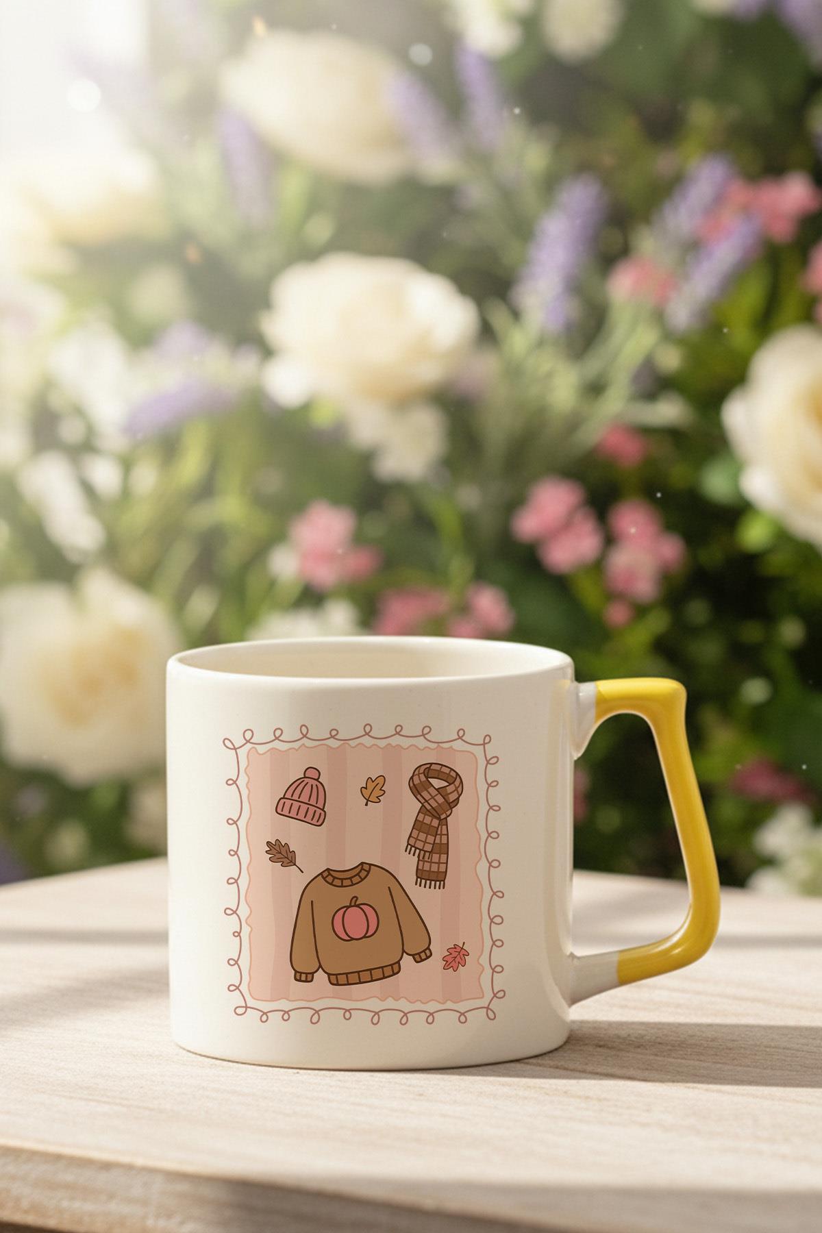 Sonbahar Temalı Kıyafetler Baskılı Sarı D Kulplu Kupa Bardak