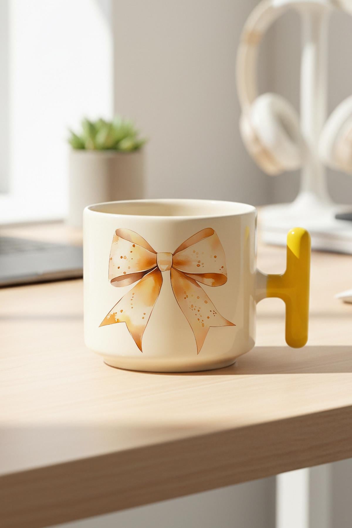 Sonbahar Temalı Kurdele Baskılı Hediyelik T Kulplu Latte Fincanı Kupa Bardak