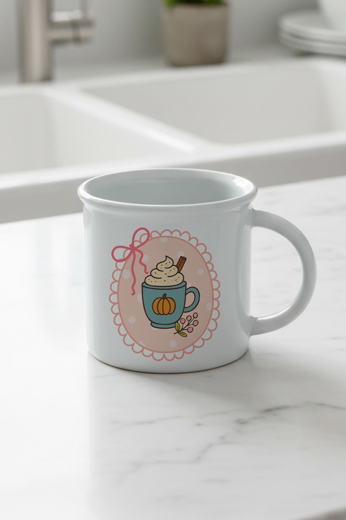 Sonbahar Temalı Pumpkin Spice Latte Baskılı Enamel Görünümlü Seramik Vintage Kupa Bardak