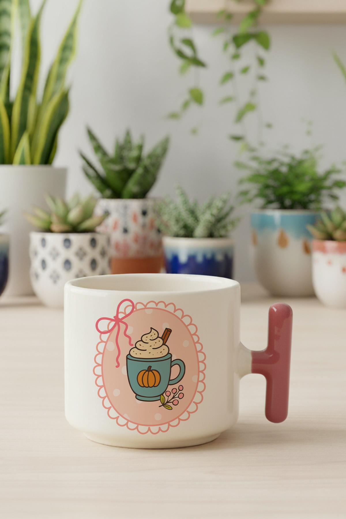 Sonbahar Temalı Pumpkin Spice Latte Baskılı Hediyelik T Kulplu Latte Fincanı Kupa Bardak