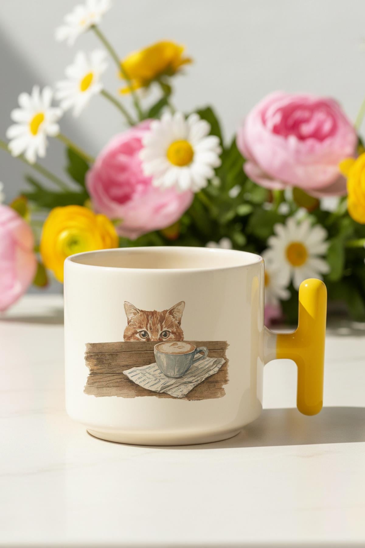 Sonbahar Temalı Sevimli Kedi No:1 Baskılı Hediyelik T Kulplu Latte Fincanı Kupa Bardak