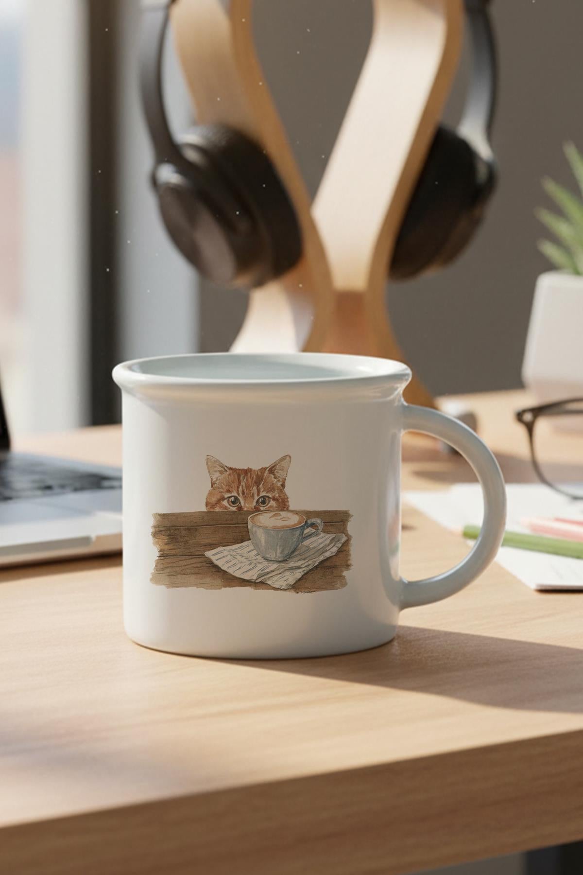 Sonbahar Temalı Sevimli Kedi No:1 Baskılı Enamel Görünümlü Seramik Vintage Kupa Bardak