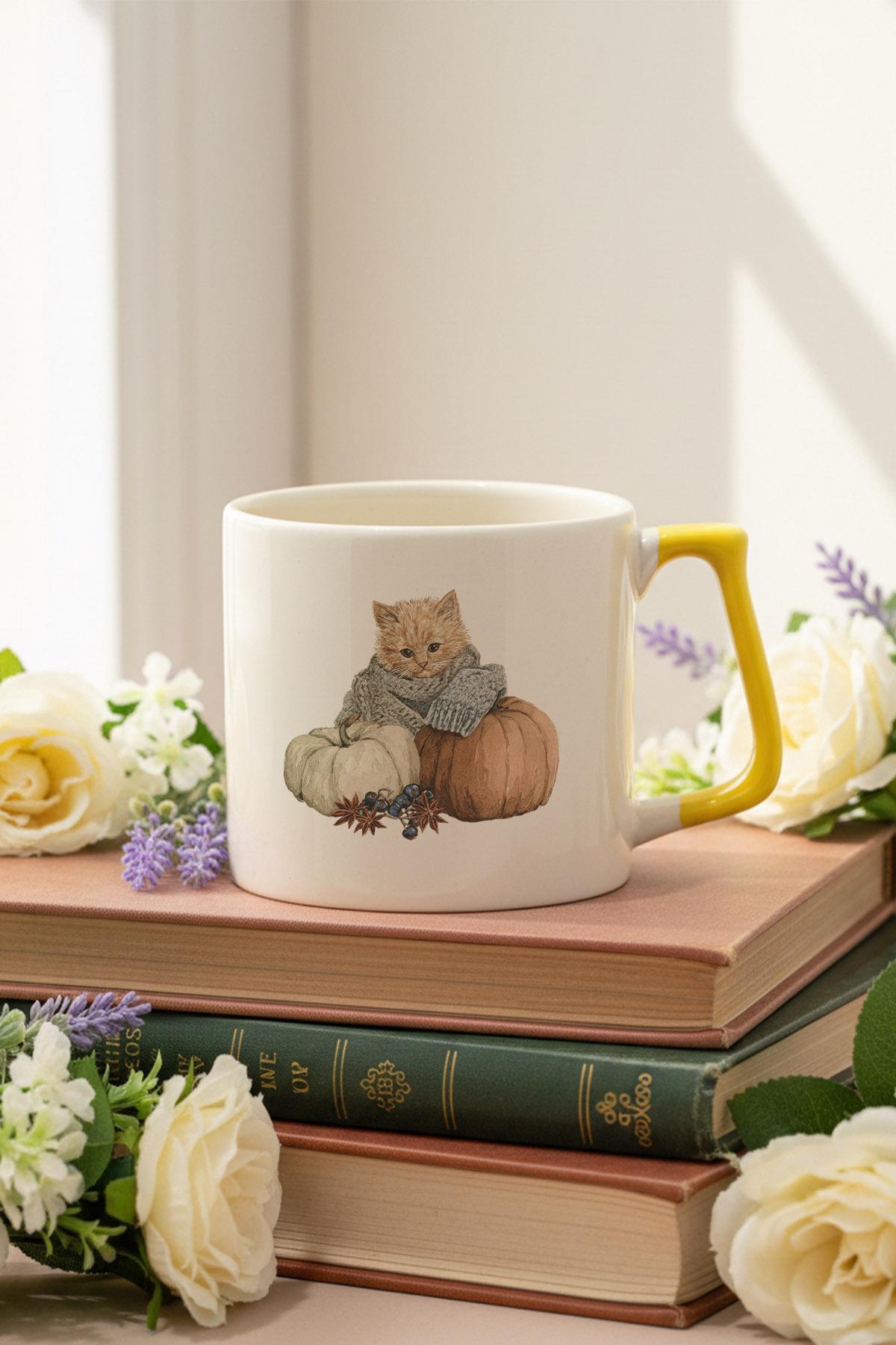 Sonbahar Temalı Sevimli Kedi No:11 Baskılı Sarı D Kulplu Kupa Bardak