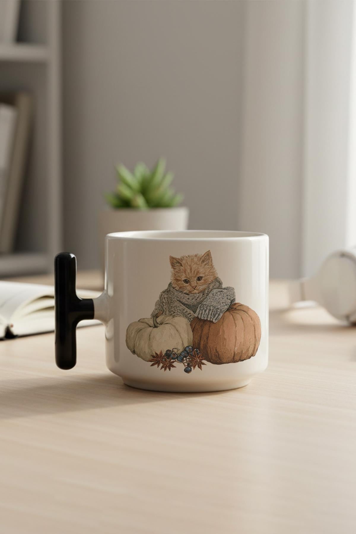 Sonbahar Temalı Sevimli Kedi No:11 Baskılı Hediyelik T Kulplu Latte Fincanı Kupa Bardak