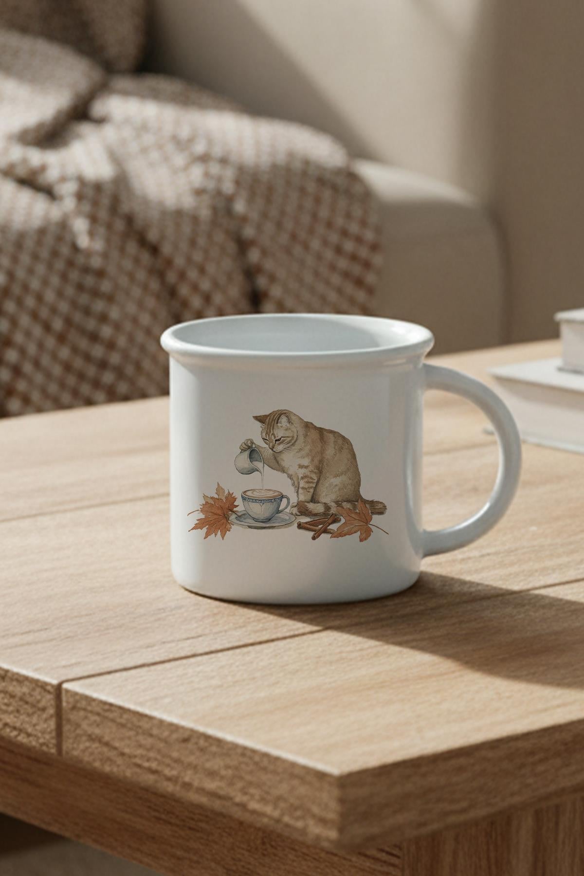 Sonbahar Temalı Sevimli Kedi No:2 Baskılı Enamel Görünümlü Seramik Vintage Kupa Bardak