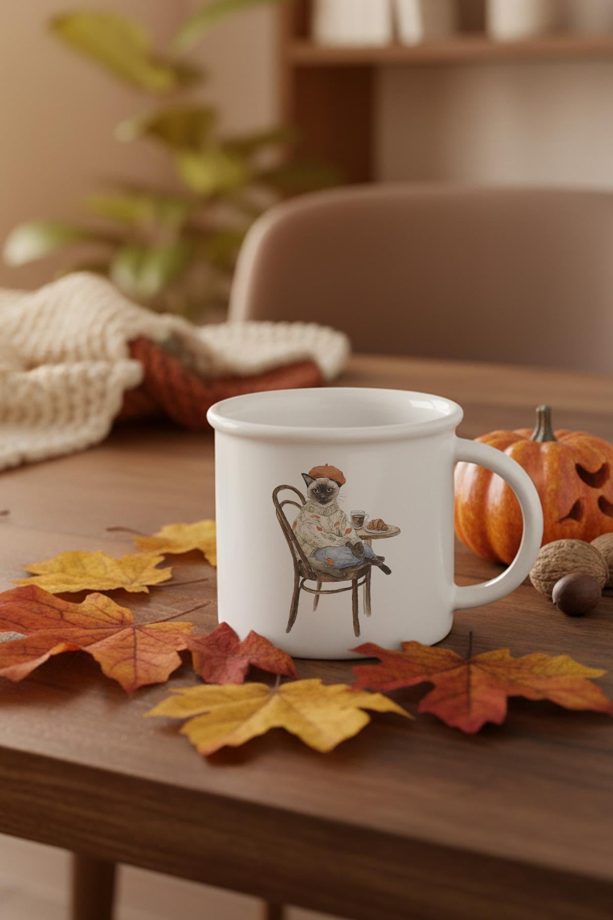 Sonbahar Temalı Sevimli Kedi No:3 Baskılı Enamel Görünümlü Seramik Vintage Kupa Bardak