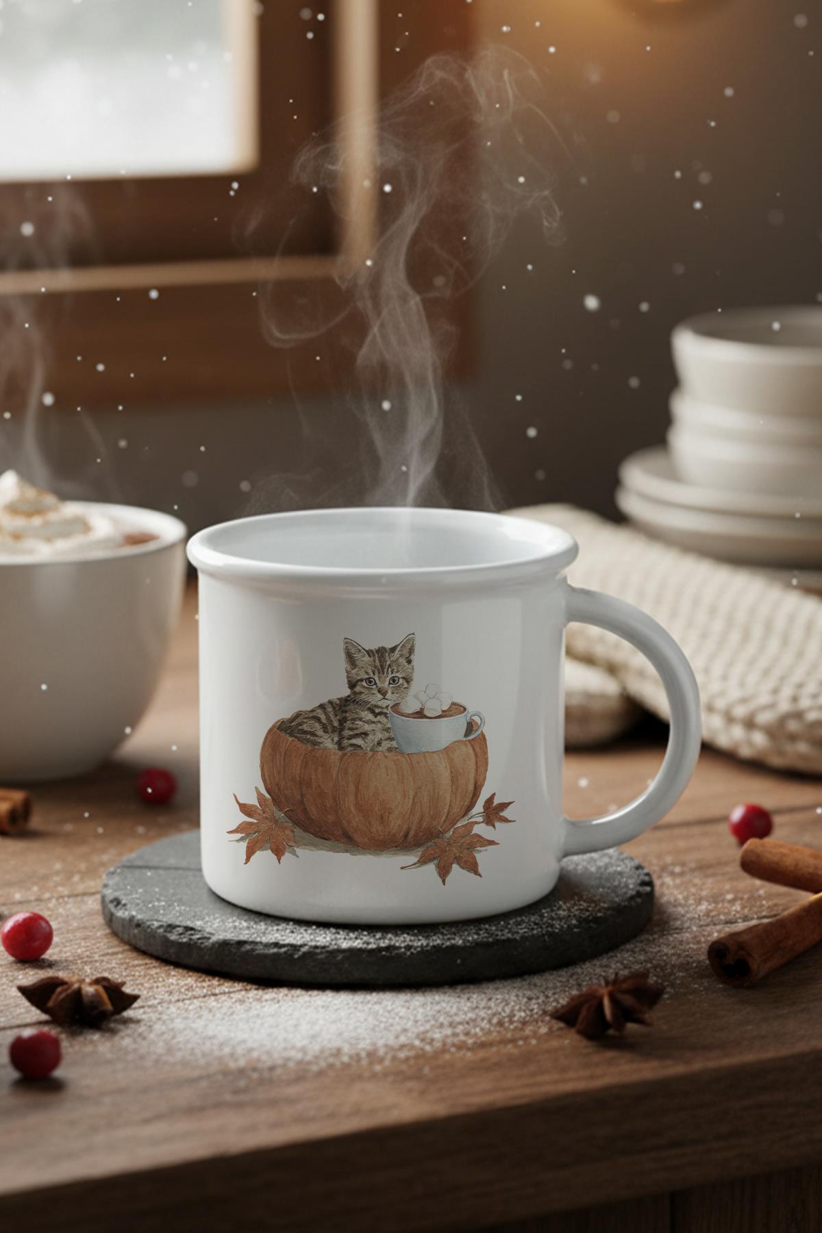 Sonbahar Temalı Sevimli Kedi No:4 Baskılı Enamel Görünümlü Seramik Vintage Kupa Bardak