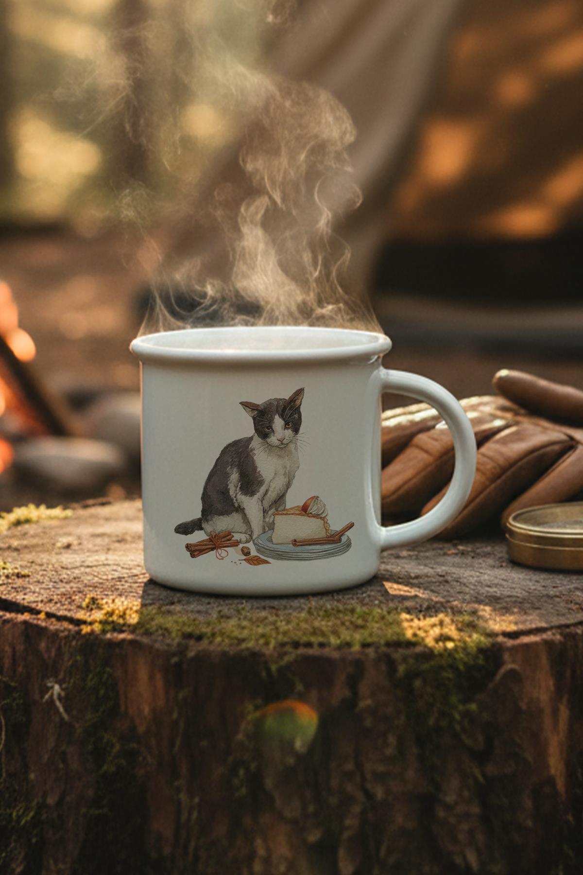 Sonbahar Temalı Sevimli Kedi No:5 Baskılı Enamel Görünümlü Seramik Vintage Kupa Bardak