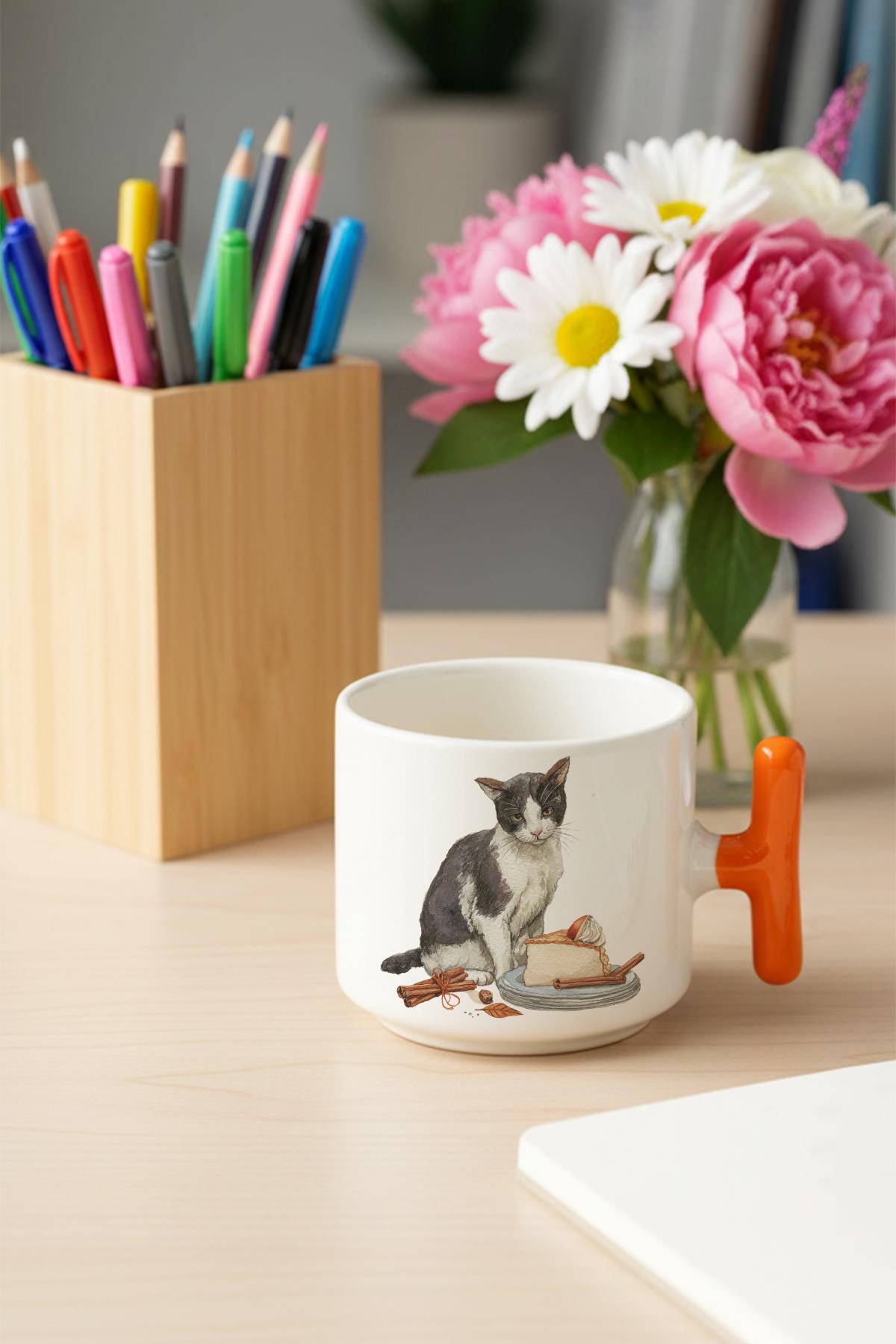 Sonbahar Temalı Sevimli Kedi No:5 Baskılı Hediyelik T Kulplu Latte Fincanı Kupa Bardak