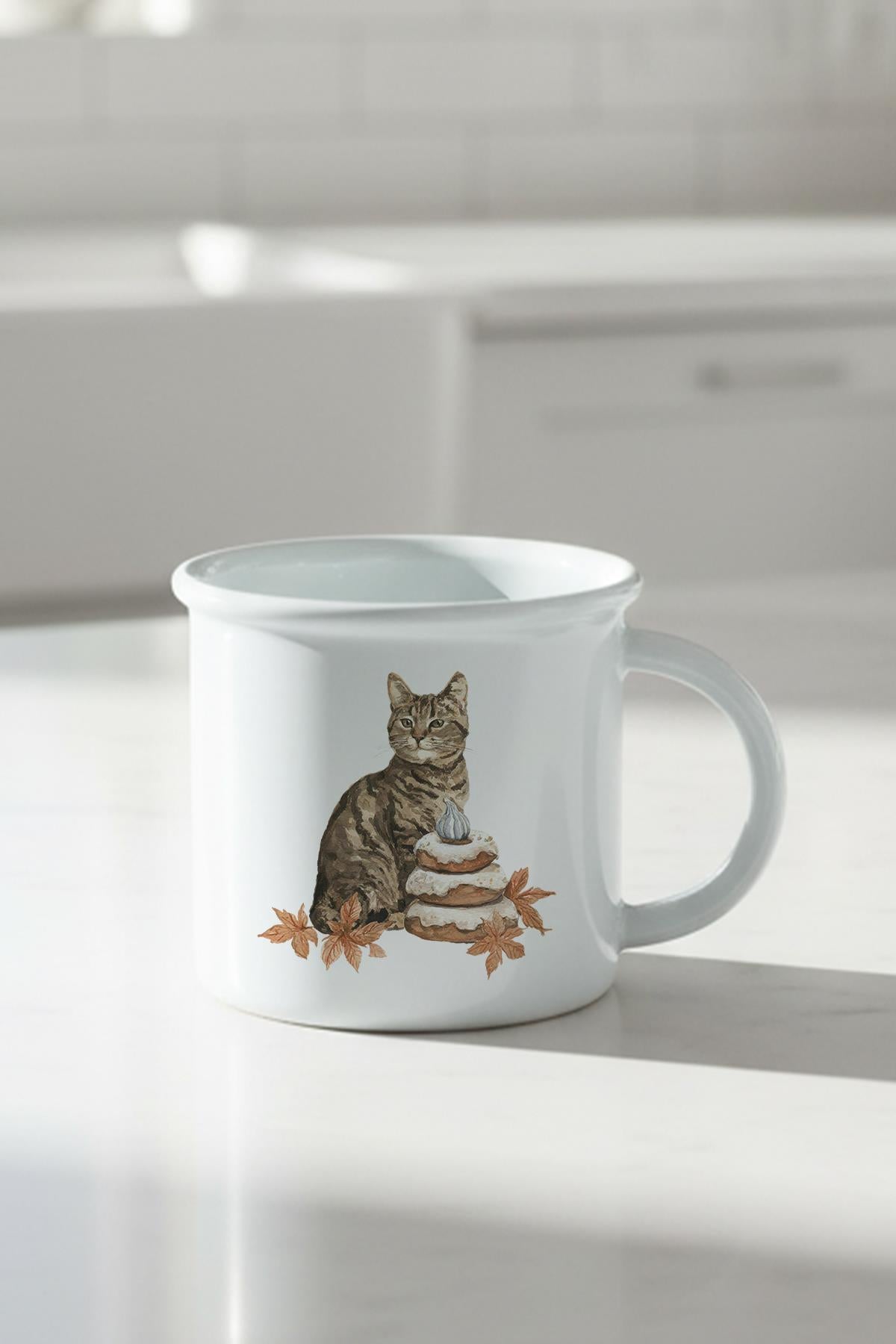 Sonbahar Temalı Sevimli Kedi No:7 Baskılı Enamel Görünümlü Seramik Vintage Kupa Bardak