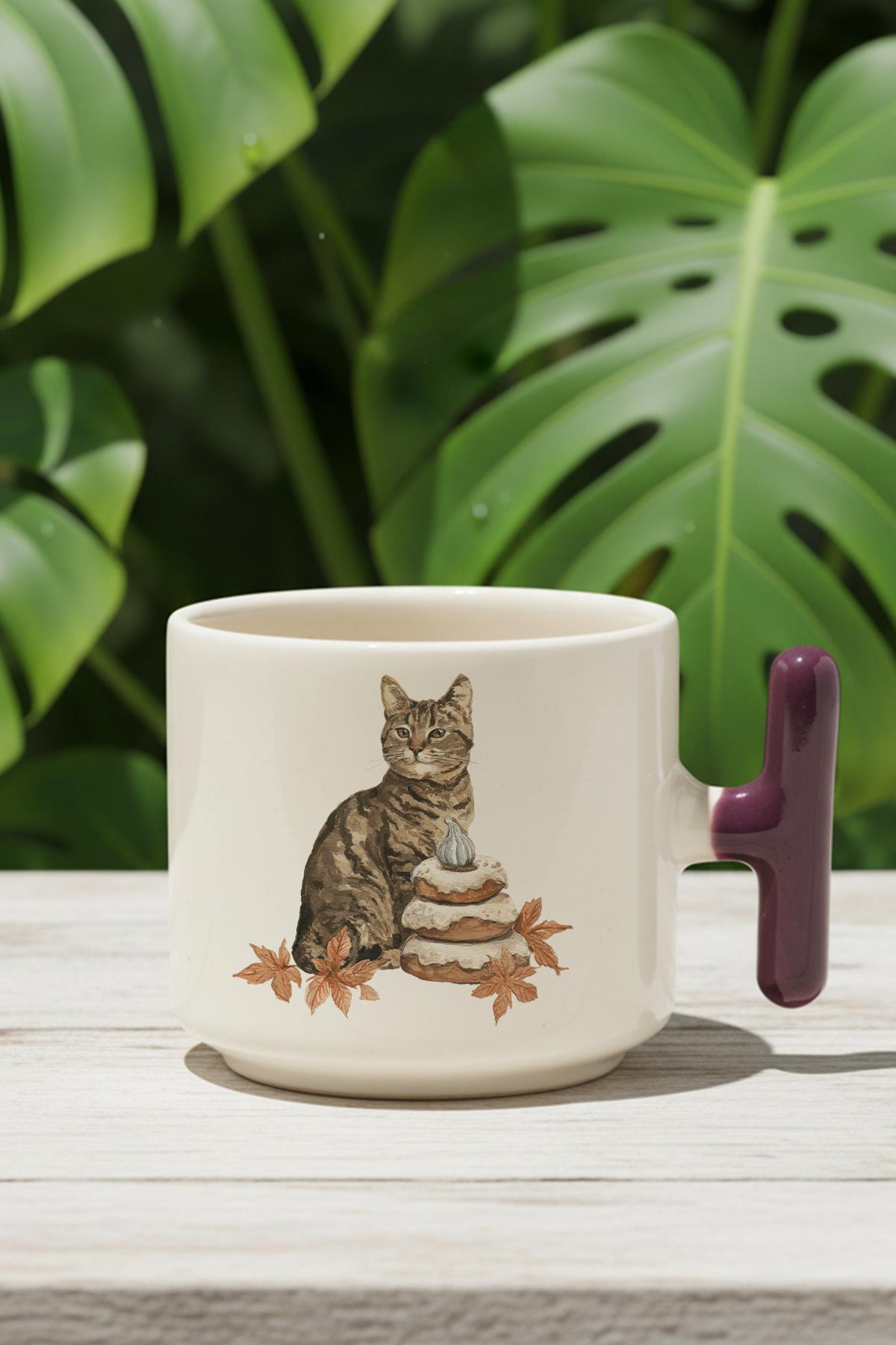 Sonbahar Temalı Sevimli Kedi No:7 Baskılı Hediyelik T Kulplu Latte Fincanı Kupa Bardak