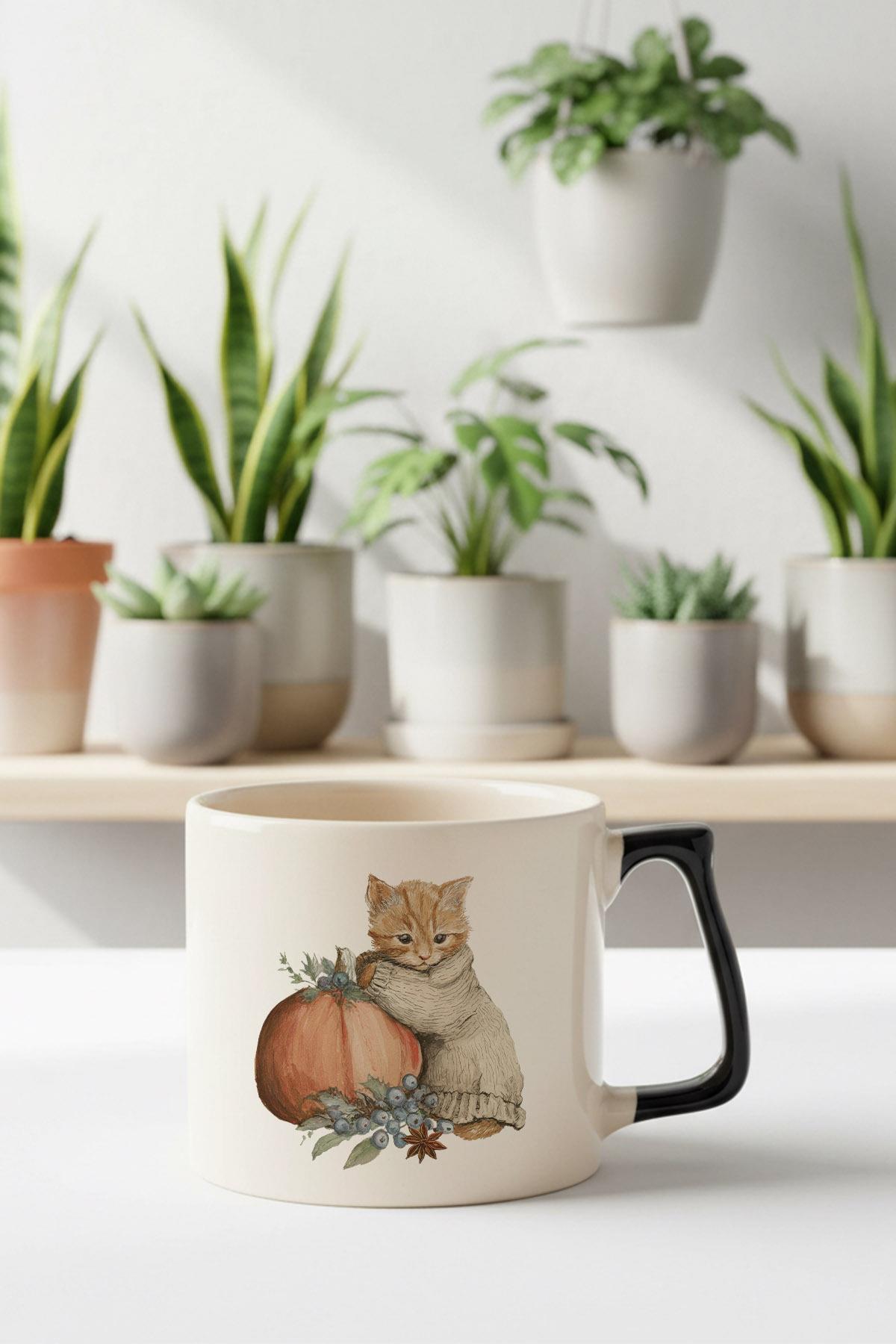 Sonbahar Temalı Sevimli Kedi No:9 Baskılı Siyah D Kulplu Kupa Bardak