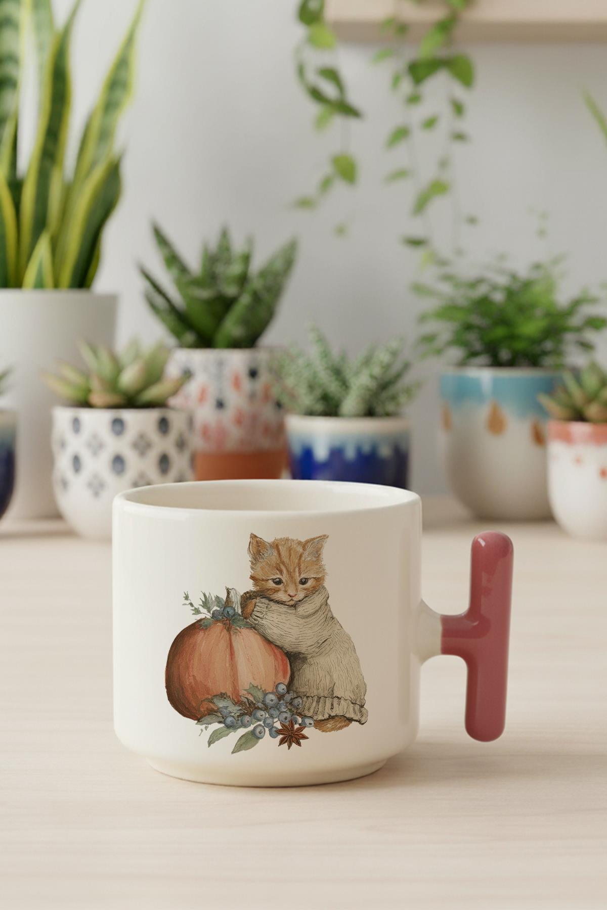 Sonbahar Temalı Sevimli Kedi No:9 Baskılı Hediyelik T Kulplu Latte Fincanı Kupa Bardak