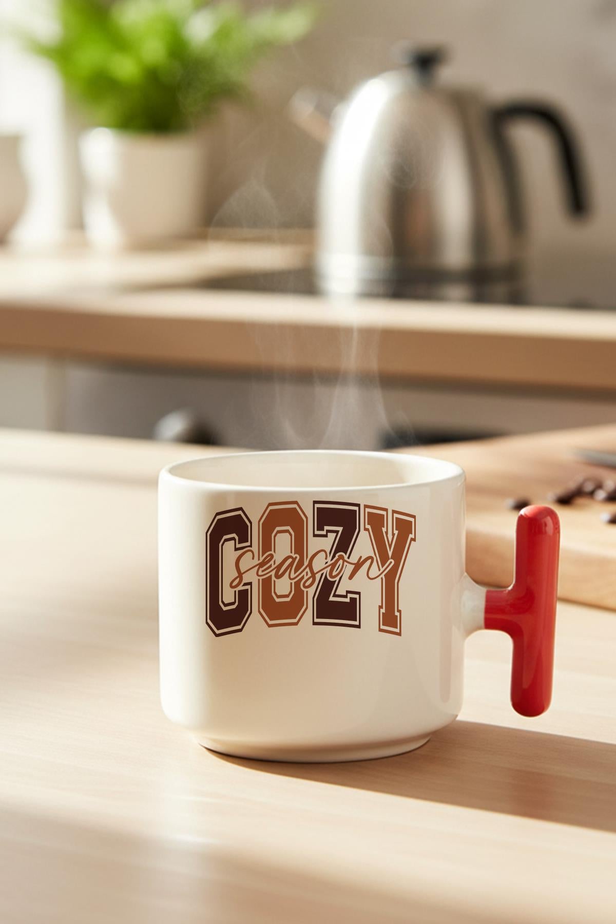 Sonbahar Teması Cozy Season Baskılı Hediyelik T Kulplu Latte Fincanı Kupa Bardak