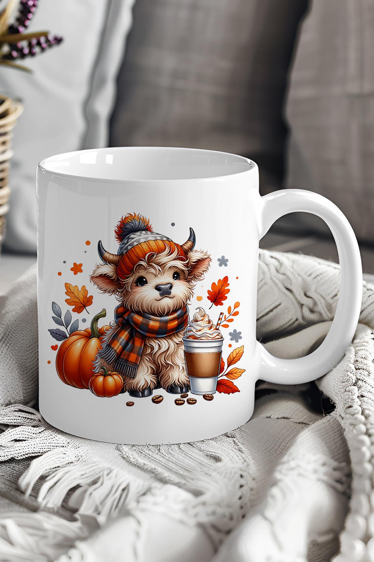 Sonbahar Teması Fall Vibes Highland Cow Baskılı Hediyelik Kupa Bardak