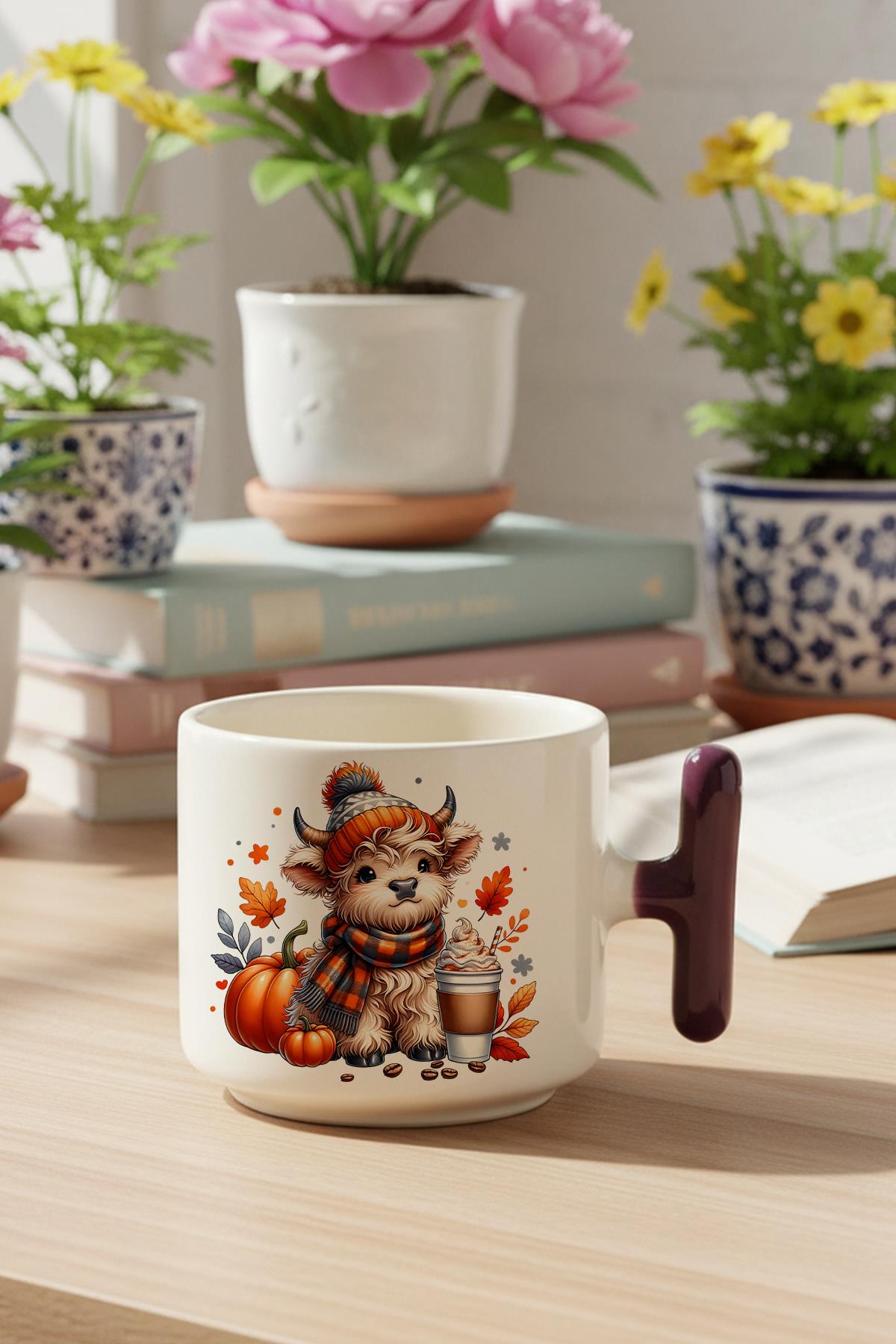 Sonbahar Teması Fall Vibes Highland Cow Baskılı Hediyelik T Kulplu Latte Fincanı Kupa Bardak