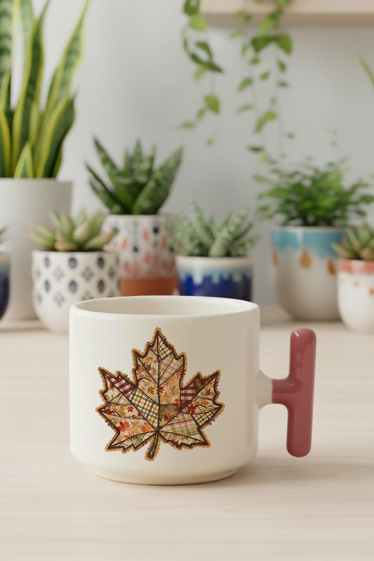 Sonbahar Yaprak Baskılı Hediyelik T Kulplu Latte Fincanı Kupa Bardak