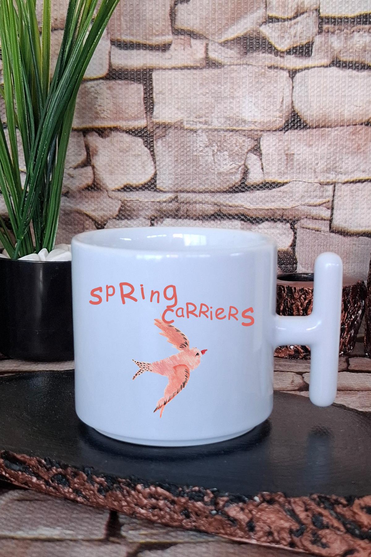 Spring Carriers Kuş Baskılı Eğlenceli T Kulplu Latte Fincanı Kupa Bardak