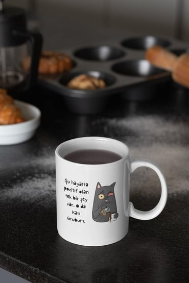 Şu Hayatta Pozitif Olan Tek Şey Kan Grubum-Kedi Baskılı Eğlenceli Hediyelik Beyaz Kupa Bardak