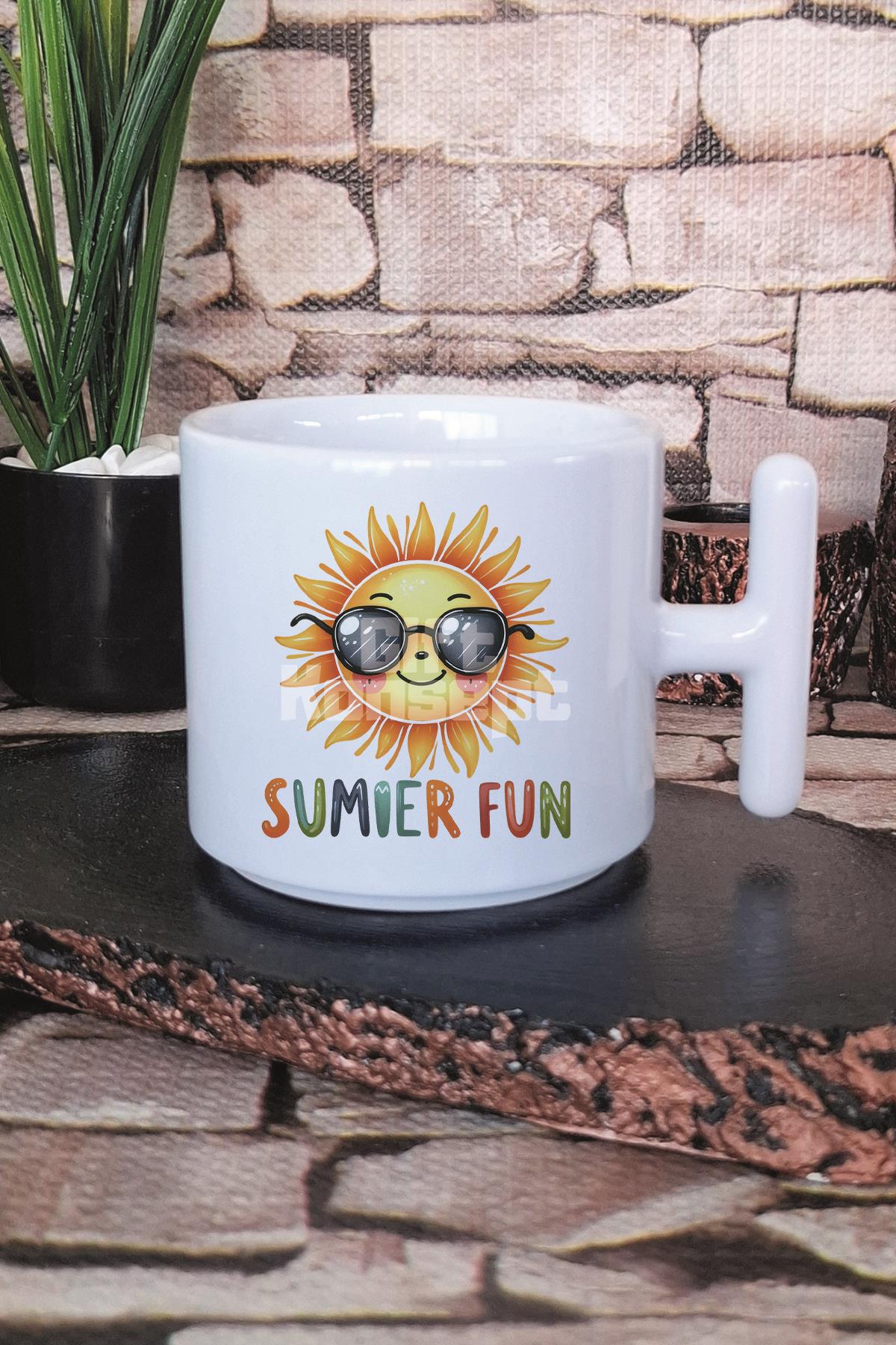 Summer Fun Baskılı T Kulplu Latte Fincanı Kupa Bardak