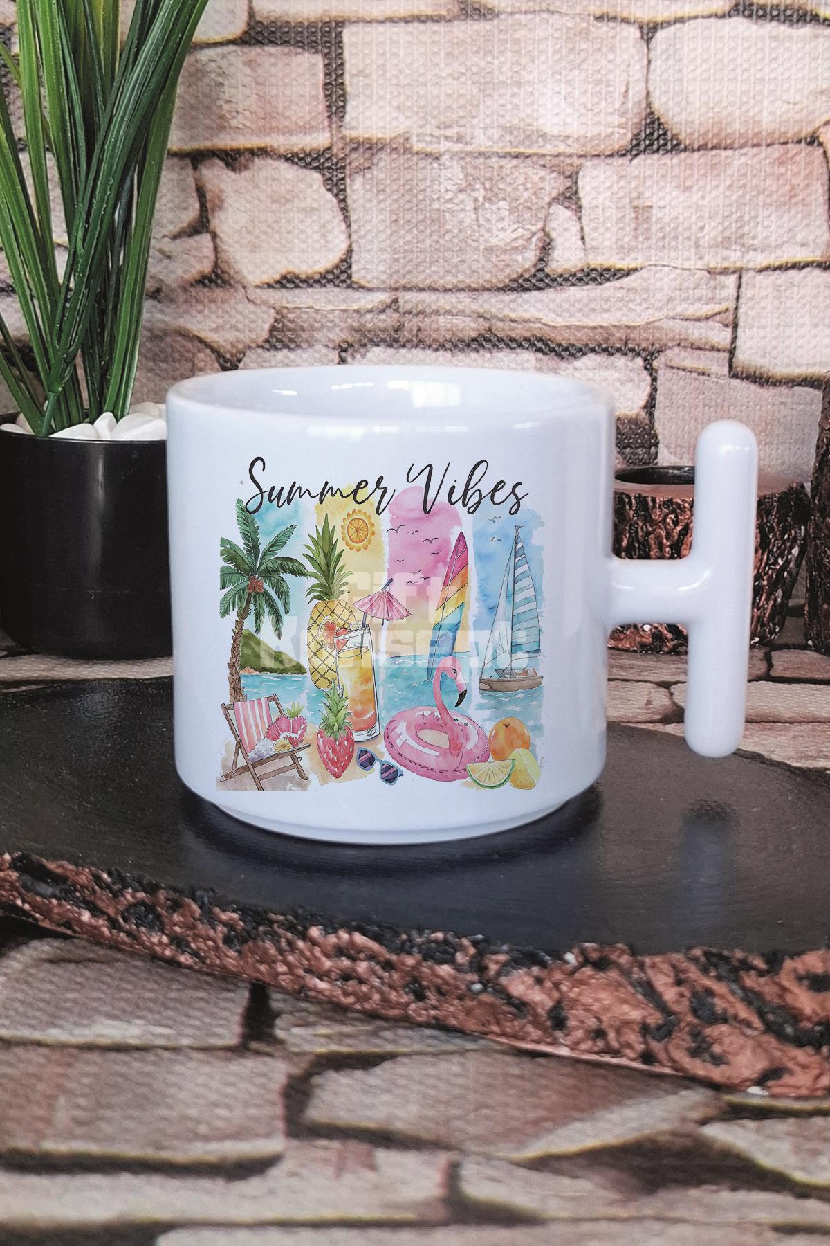 Summer Vibes Baskılı T Kulplu Latte Fincanı Kupa Bardak