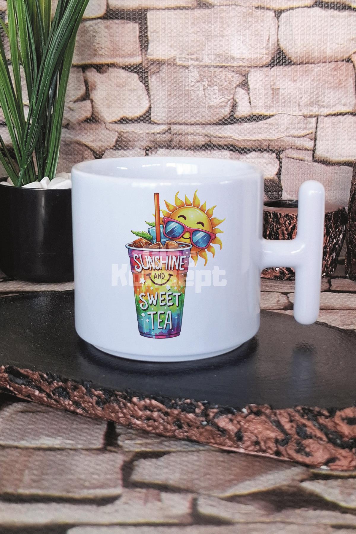 Sunshine And Sweet Tea Baskılı T Kulplu Latte Fincanı Kupa Bardak